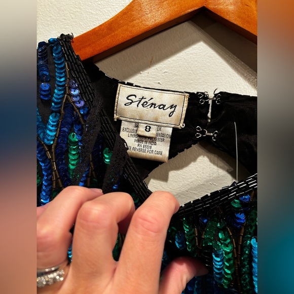 Vintage 100% silk beaded Elegant Black and Blue Sequin Dress stenay size 8 - Picture 14 of 16